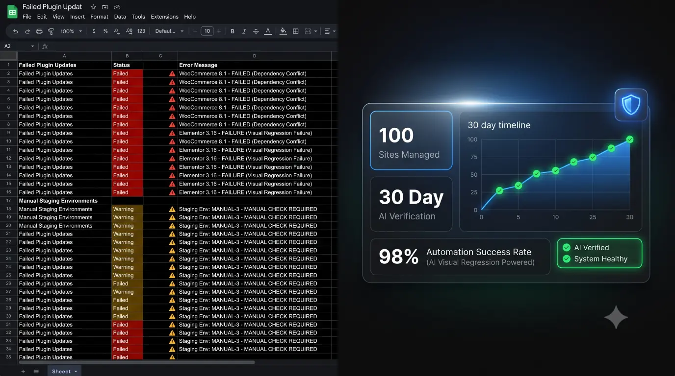 Dashboard showing the results of managing 100 WordPress sites with AI visual regression testing for 30 days.